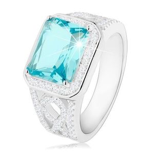 Stříbrný 925 prsten, ramena s ornamentem, světle modrý zirkon, čirá obruba - Velikost: 50 obraz