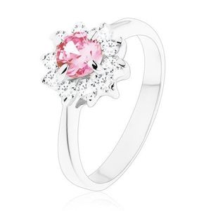 Lesklý prsten se zirkonovým kvítkem v růžové a čiré barvě, zúžená ramena - Velikost: 49 obraz