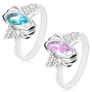 Lesklý prsten stříbrné barvy, barevné zrnko, trojice čirých zirkonků, obloučky - Velikost: 52, Barva: Světle fialová obraz