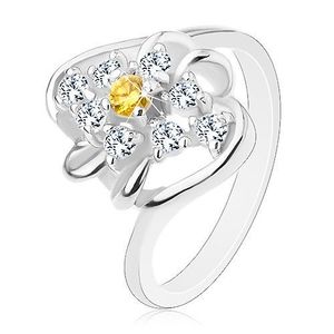 Prsten se zahnutými rameny, žlutý kulatý zirkon s čirým lemováním, obloučky - Velikost: 52 obraz