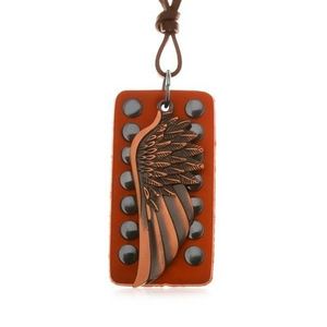 Kožený náhrdelník - andělské křídlo měděné barvy, okovaný pás kůže obraz