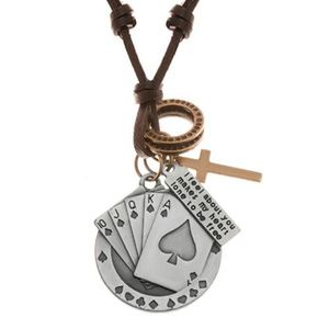 Nastavitelný kožený náhrdelník, přívěsky - piková postupka, kříž, známka obraz