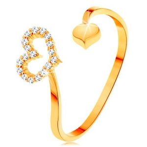 Zlatý prsten 585 - zvlněná ramena ukončená obrysem srdce a plným srdíčkem - Velikost: 50 obraz