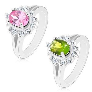 Prsten stříbrné barvy, rozdělená ramena, zářivý kvítek s oválným středem - Velikost: 49, Barva: Zelená obraz