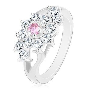 Prsten s lesklými rozdělenými rameny, čirý kvítek s růžovým středem - Velikost: 49 obraz
