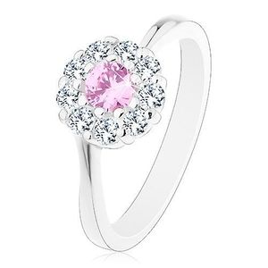 Prsten ve stříbrné barvě, růžovo-čirý zirkonový kvítek, lesklá ramena - Velikost: 51 obraz