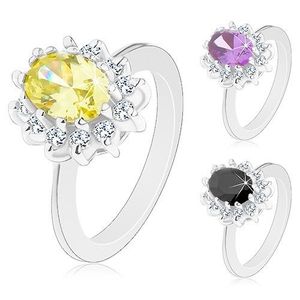 Prsten stříbrné barvy, zářivý kvítek s barevným oválným středem - Velikost: 50, Barva: Žlutá obraz
