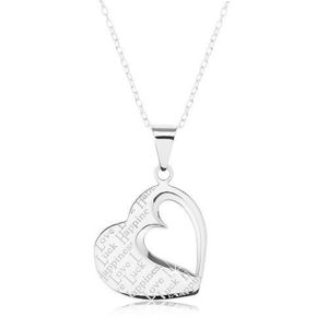 Stříbrný náhrdelník 925, přívěsek - ploché srdce s výřezem a nápisy obraz