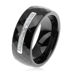 Prsten z černé keramiky s broušeným povrchem, tenký ocelový pás, zirkony - Velikost: 57 obraz
