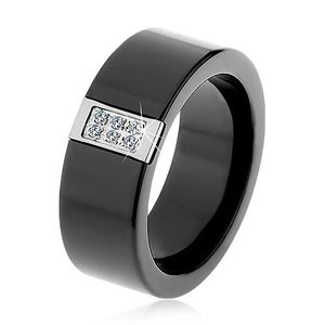 Černý keramický prsten s hladkým povrchem, ocelový obdélník se zirkony - Velikost: 51 obraz