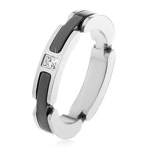 Ocelový prsten stříbrné barvy, výřezy s keramickými pásy, čirý zirkon - Velikost: 50 obraz