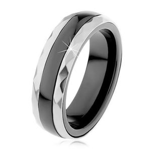 Keramický prsten černé barvy, broušené ocelové pásy ve stříbrném odstínu - Velikost: 51 obraz