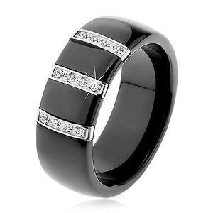 Černý keramický prsten s hladkým povrchem, tři ocelové pásy se zirkony - Velikost: 50 obraz