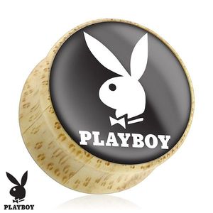 Sedlový plug do ucha z přírodního dřeva, zajíček Playboy, černý podklad - Tloušťka : 12 mm obraz