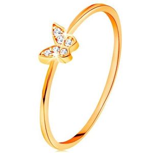 Zlatý prsten 585 - motýlek zdobený kulatými čirými zirkony - Velikost: 49 obraz