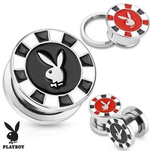 Tunel plug do ucha z oceli 316L, stříbrná barva, zajíček Playboy - Tloušťka : 14 mm, Barva piercing: Černá obraz