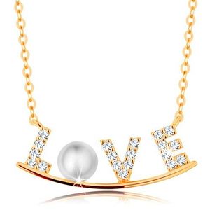 Zlatý náhrdelník 585 - zirkonový nápis LOVE na lesklém oblouku, bílá perla obraz