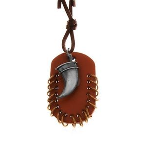 Kožený náhrdelník, přívěsky - hnědý ovál s malými kroužky a zahnutý tesák obraz