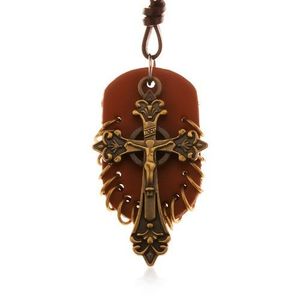Kožený náhrdelník, přívěsky - hnědý ovál s malými kroužky a keltský kříž obraz