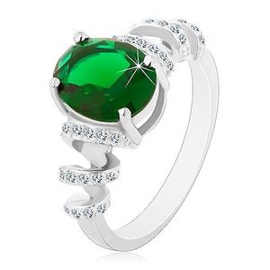 Zásnubní rhodiovaný prsten, stříbro 925, oválný zelený zirkon, blýskavé spirály - Velikost: 49 obraz