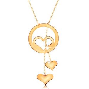 Zlatý náhrdelník 585 - kontura srdce v kroužku a dvě visící srdíčka na řetízcích obraz