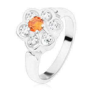 Prsten ve stříbrném odstínu, blýskavý čirý kvítek s oranžovým středem - Velikost: 54 obraz