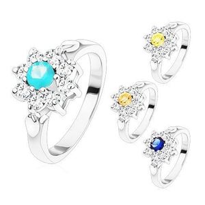 Prsten ve stříbrném odstínu, zirkonový květ s barevným středem, lístečky - Velikost: 48, Barva: Aqua modrá obraz
