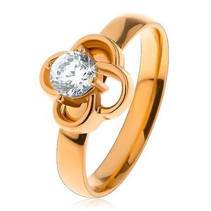 Lesklý ocelový prsten ve zlatém odstínu, obrys kvítku s čirým zirkonem - Velikost: 49 obraz