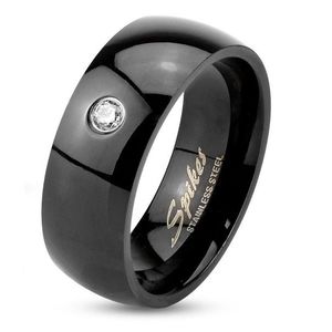 Prsten z oceli 316L v černé barvě, vypouklá lesklá ramena, čirý zirkon, 8 mm - Velikost: 60 obraz