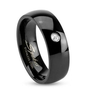 Černý ocelový prsten, lesklá zaoblená ramena, čirý zirkonek, 6 mm - Velikost: 49 obraz