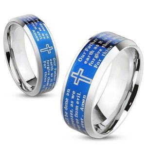 Ocelový prsten s modrým středovým pásem, křížem a modlitbou, 6 mm - Velikost: 52 obraz