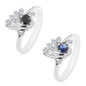 Prsten stříbrné barvy, asymetrická kapka s čirými a barevnými zirkony - Velikost: 54, Barva: Tmavomodrá obraz