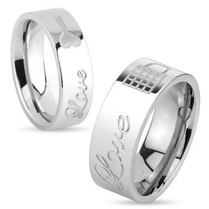 Lesklý ocelový prsten stříbrné barvy, nápis Love a zamknutý zámeček, 8 mm - Velikost: 59 obraz