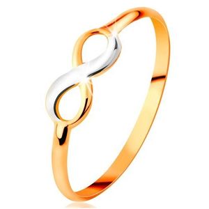 Zlatý prsten 585 - dvoubarevný lesklý symbol nekonečna, úzká hladká ramena - Velikost: 50 obraz