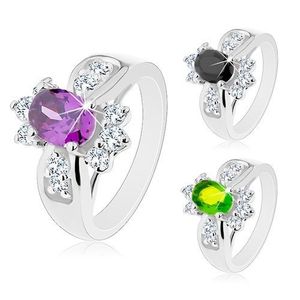 Lesklý prsten s rozšířenými rameny, barevný oválný zirkon, kulaté čiré zirkonky - Velikost: 52, Barva: Zelená obraz