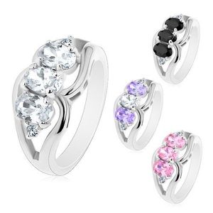 Prsten ve stříbrném odstínu, rozdvojená ramena, barevné ovály, čiré zirkonky - Velikost: 50, Barva: Růžová obraz