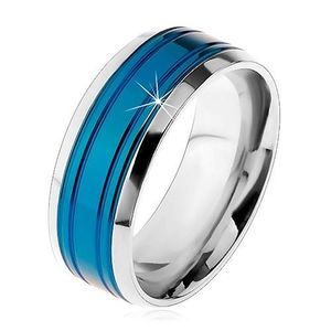 Prsten z chirurgické oceli, modrý pás, lemy stříbrné barvy, zářezy, 8 mm - Velikost: 57 obraz