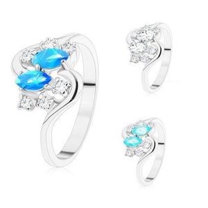 Prsten ve stříbrném odstínu, dvě barevná zrnka a kulaté zirkony čiré barvy - Velikost: 48, Barva: Modrá obraz