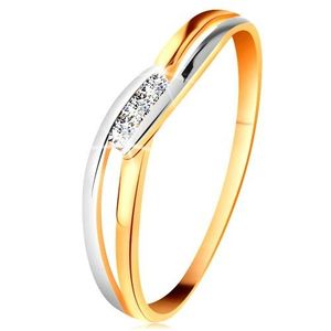 Diamantový prsten ze 14K zlata, tři čiré brilianty, rozdělená zvlněná ramena - Velikost: 50 obraz