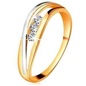 Briliantový prsten ze 14K zlata, zvlněné dvoubarevné linie ramen, tři čiré diamanty - Velikost: 49 obraz