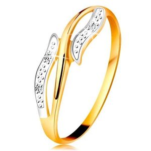 Diamantový prsten ze 14K zlata, zvlněná dvoubarevná ramena, tři čiré diamanty - Velikost: 49 obraz