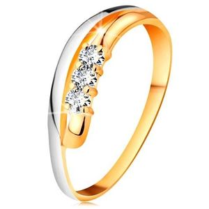 Briliantový prsten ve 14K zlatě, zvlněné dvoubarevné linie ramen, tři čiré diamanty - Velikost: 49 obraz