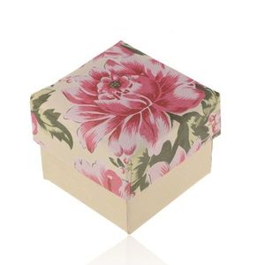 Papírová krabička na prsten nebo náušnice, perleťovo-béžová s růžovým květem obraz