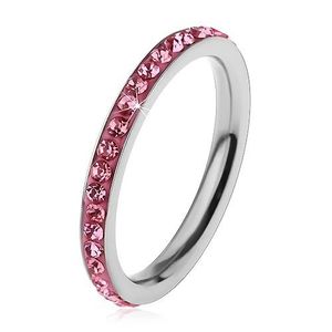 Prsten z chirurgické oceli stříbrné barvy, zářivé zirkonky v růžovém odstínu - Velikost: 49 obraz