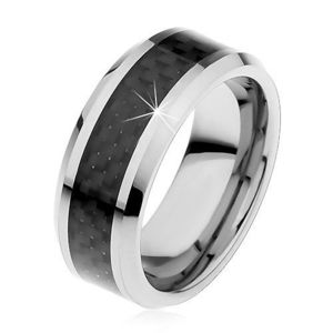 Wolframový prstýnek stříbrné barvy, středový pás z černých vláken, 8 mm - Velikost: 49 obraz