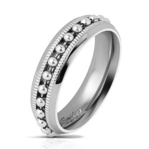 Lesklý ocelový prsten stříbrné barvy, kuličkový řetízek, vroubkované linie, 6 mm - Velikost: 49 obraz