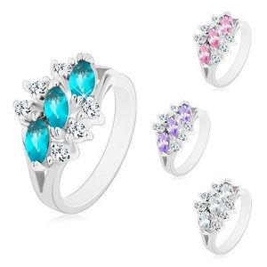 Lesklý prsten ve stříbrném odstínu, tři zirkonová zrnka, čiré zirkonky - Velikost: 50, Barva: Aqua modrá obraz
