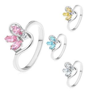 Prsten stříbrné barvy, poloviční barevný květ ze zirkonů, zvlněná ramena - Velikost: 59, Barva: Růžová obraz
