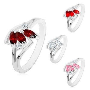 Prsten s rozdělenými rameny stříbrné barvy, tři barevná broušená zrnka - Velikost: 59, Barva: Červená obraz