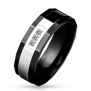 Prsten z chirurgické oceli, černá a stříbrná barva, tři čiré zirkony, 8 mm - Velikost: 59 obraz